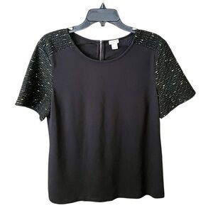 J Crew Factory short sleeve boxy tee gold metallic sleeves holiday party L black